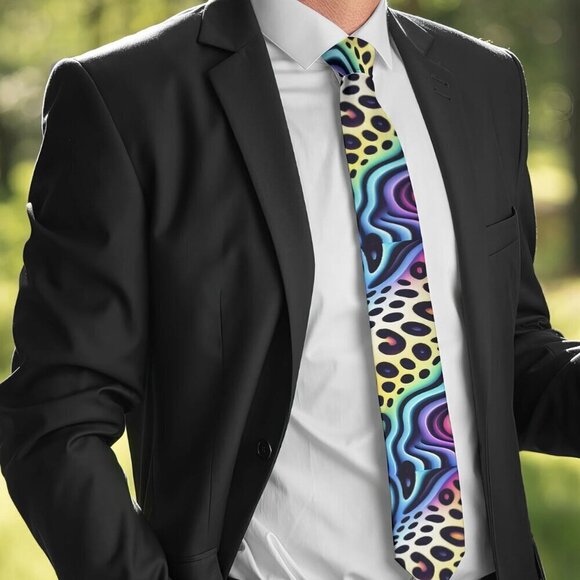 Tie Trippy Cheetah Leopard Rainbow Necktie Hippie Psychedelic Tie Dye Rave - Picture 2 of 8